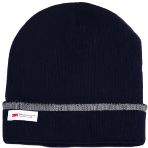 A Thinsulated cuff beanie in navy blue with a reflective band and a branded label.