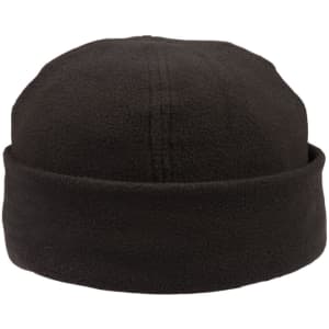 A black polar fleece beanie featuring a rounded top and a folded cuff, with a logo on the side.