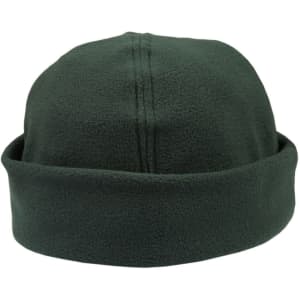 A green polar fleece beanie with a rolled brim and a smooth texture. It features a logo on the side.