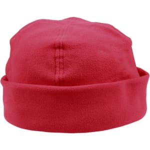 A red polar fleece beanie with a folded cuff and a plain design, featuring a logo.
