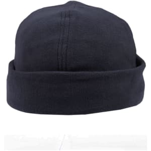 A dark navy polar fleece beanie with a rolled cuff and stitching details, featuring a logo.