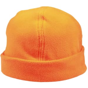 An orange polar fleece beanie with a folded hem, featuring a logo on the side.