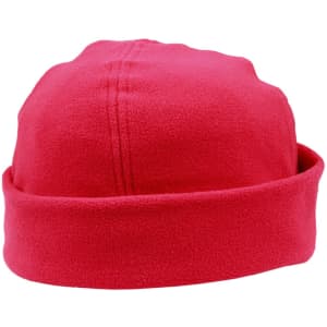 A red polar fleece beanie with a cuffed edge, featuring a logo on the side.