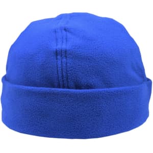 A blue polar fleece beanie with a simple, rounded design and a folded cuff. It features a logo on the side.