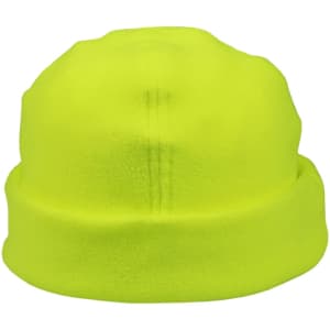 A bright yellow polar fleece beanie with a folded cuff. It features a branding logo.