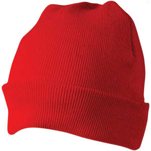 A red acrylic beanie featuring a ribbed texture and a folded cuff, displayed against a white background.