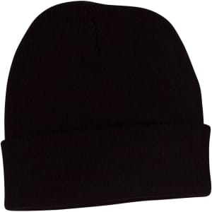 A black acrylic beanie with a classic knitted design and rolled cuff. It features a branding logo.