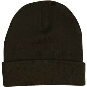 An acrylic beanie in dark green with a ribbed design and folded brim. It features a logo on the side.
