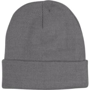 A grey acrylic beanie with a ribbed texture and a folded cuff, featuring a logo.