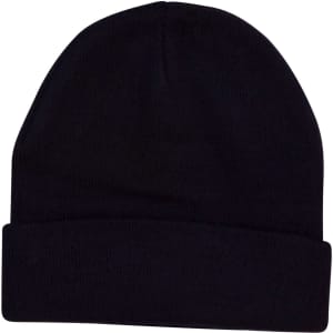 Acrylic beanie in solid black colour with a folded brim design. Features a logo on the front.