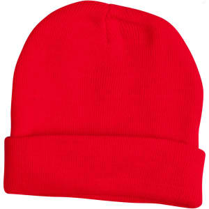Acrylic beanie in bright red, featuring a ribbed texture and folded cuff. It has a small logo on its side.