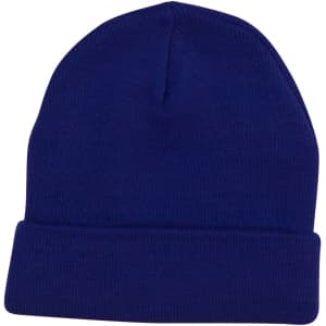 A blue acrylic beanie with a folded ribbed cuff and a smooth crown, featuring a logo on the side.