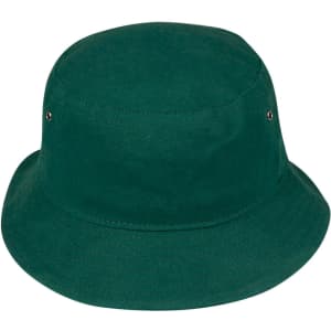 A green bucket hat with a plain design and ventilation eyelets. It features a simple, unembellished style.