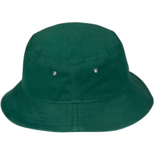 A green H/B/C bucket hat featuring a rounded crown and a wide brim, with metal snap details.
