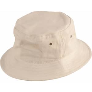 A soft washed bucket hat in a cream colour, featuring a rounded crown and a wide brim. It has metal eyelets and a logo.
