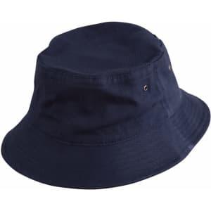 A navy blue soft washed bucket hat with ventilation eyelets and a wide brim. It features a logo on the side.