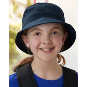 A navy soft washed bucket hat featuring eyelets, worn by a smiling child with a ponytail.