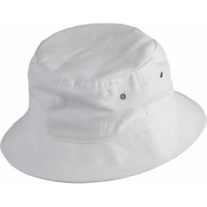 A white soft washed bucket hat with a simple design and small eyelet accents.
