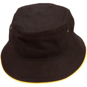 A black bucket hat with a contrast yellow trim and a small logo. It has a soft washed texture.