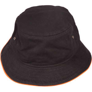 A black bucket hat with an orange contrast trim and metal ventilation eyelets. Includes a branding logo.