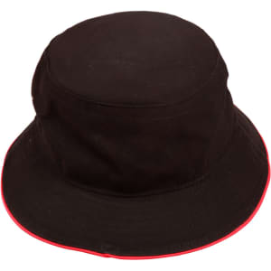 A black bucket hat with contrast red trim and a logo on the side.