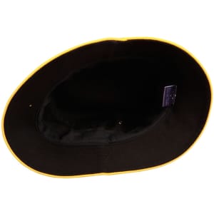 A black bucket hat with a yellow contrast trim, featuring an interior lining and a logo.