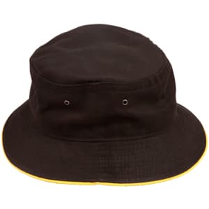 A black bucket hat with a contrast yellow brim and eyelets, featuring a logo.