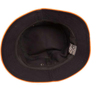 A black bucket hat with an orange contrast trim, featuring a branded tag inside.