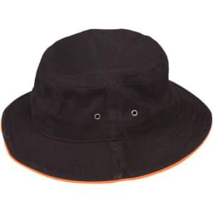 A black bucket hat with a contrast orange trim and eyelet vents. It features a logo on the side.