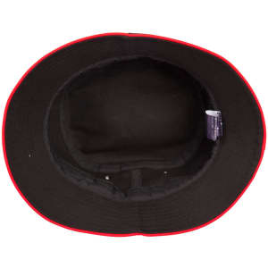 A black bucket hat with a red contrast trim, featuring an inner lining and a logo.