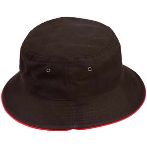 A black bucket hat with red contrast stitching, featuring ventilation grommets and a branded logo.