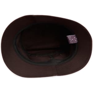 A brown bucket hat with a contrasting edge and a label inside. It features a wide brim.