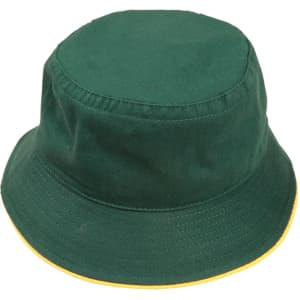 A green bucket hat with a yellow contrast band, featuring a logo on the side.