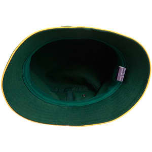 A green bucket hat with a contrasting yellow brim, featuring an inner lining and a logo tag.