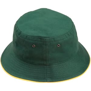 A green bucket hat with a contrast yellow trim and a logo on the side.