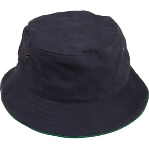 A navy bucket hat with a contrasting green brim, featuring ventilation eyelets and a logo.