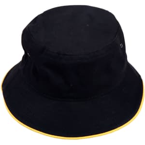 A black bucket hat with a contrasting yellow trim and a small logo detail.