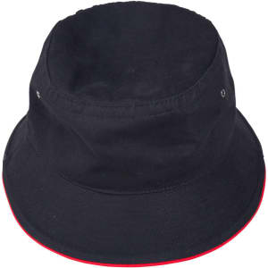 A black bucket hat with a red contrast trim, featuring eyelets and a logo.