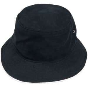 A soft washed black bucket hat with a contrast trim and a logo. Ideal for headwear collection.