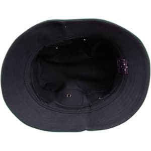 A black bucket hat with a contrasting brim, featuring an inner lining and a logo.