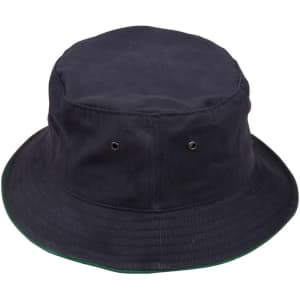 A navy bucket hat with a contrast trim, featuring metal eyelets for ventilation and a simple design.