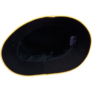 A black bucket hat with a contrasting yellow brim, featuring an inner lining and a logo.