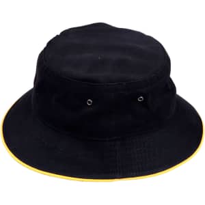 A black bucket hat featuring a contrasting yellow brim and eyelet details, with a logo on the side.