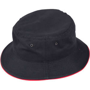 A black bucket hat featuring a contrasting red trim and ventilation eyelets. It has a logo on the side.
