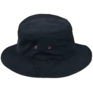 A black bucket hat with a contrasting white brim and metal eyelets for ventilation. It features a logo.
