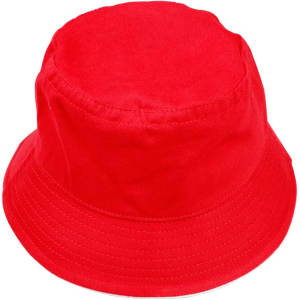 A red soft washed bucket hat with a contrasting brim and a logo on the side.