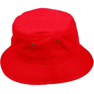 A red bucket hat with contrast stitching and ventilation eyelets. Features a logo on the side.