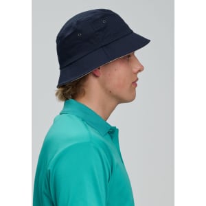 A navy blue contrasting underbrim bucket hat displayed on a model's head, featuring eyelet detailing.