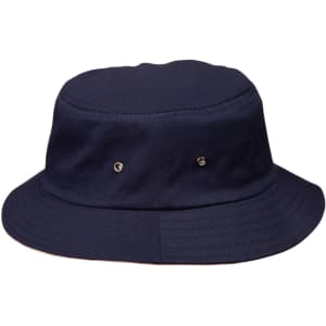A navy blue bucket hat with a wide brim and two metallic vents on the sides. It has a simple design and a logo.