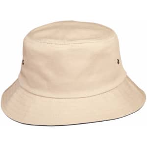 A cream bucket hat with a wide brim and metal eyelets. It features a simple design and has a logo on it.